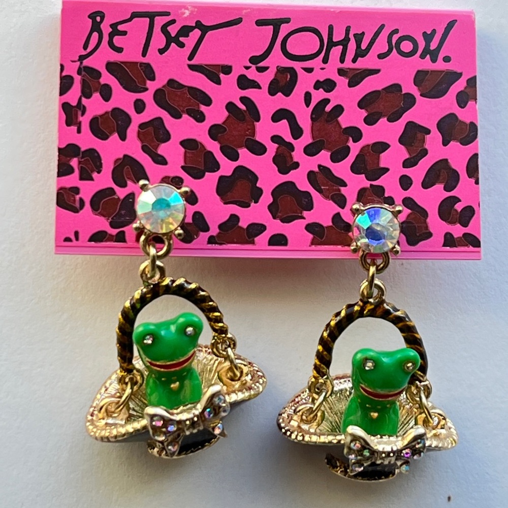 Betsey Johnson Green Frog Earrings with Gold and Crystal Accents